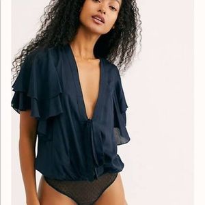 NWT Free People Intimately Call Me Later Navy Ruffle Thong Bodysuit Size M